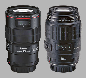 cliquez pour accèder au comparatif entre les Canon 100 Macro F2,8 USM vs L IS USM